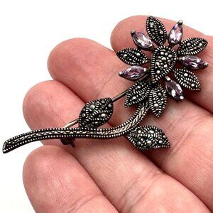Vintage Womens Flower Brooch Sterling Silver Purple CZ Marcasite Gift for Her